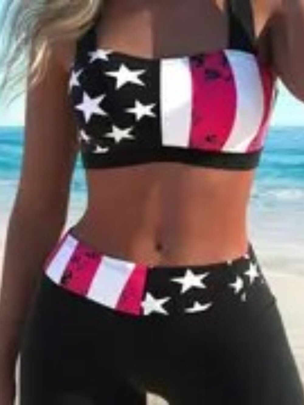 NEW 4th of July Flag Print Criss Cross 2 Piece Bikini Set with Boxer Shorts LG